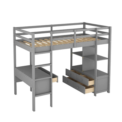 Merax Loft Bed with Built-in Desk, Storage Shelves and Drawers