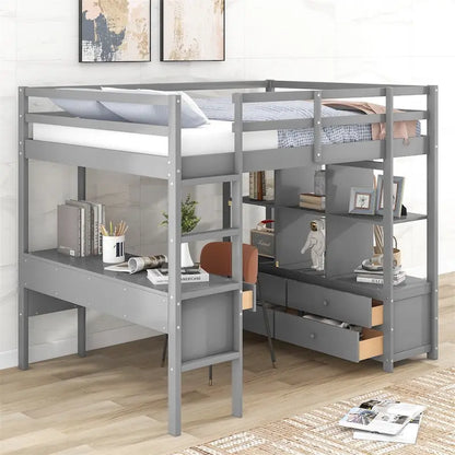 Merax Loft Bed with Built-in Desk, Storage Shelves and Drawers
