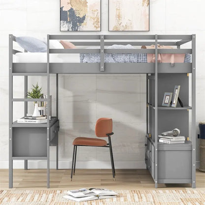 Merax Loft Bed with Built-in Desk, Storage Shelves and Drawers