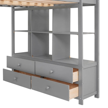 Merax Loft Bed with Built-in Desk, Storage Shelves and Drawers