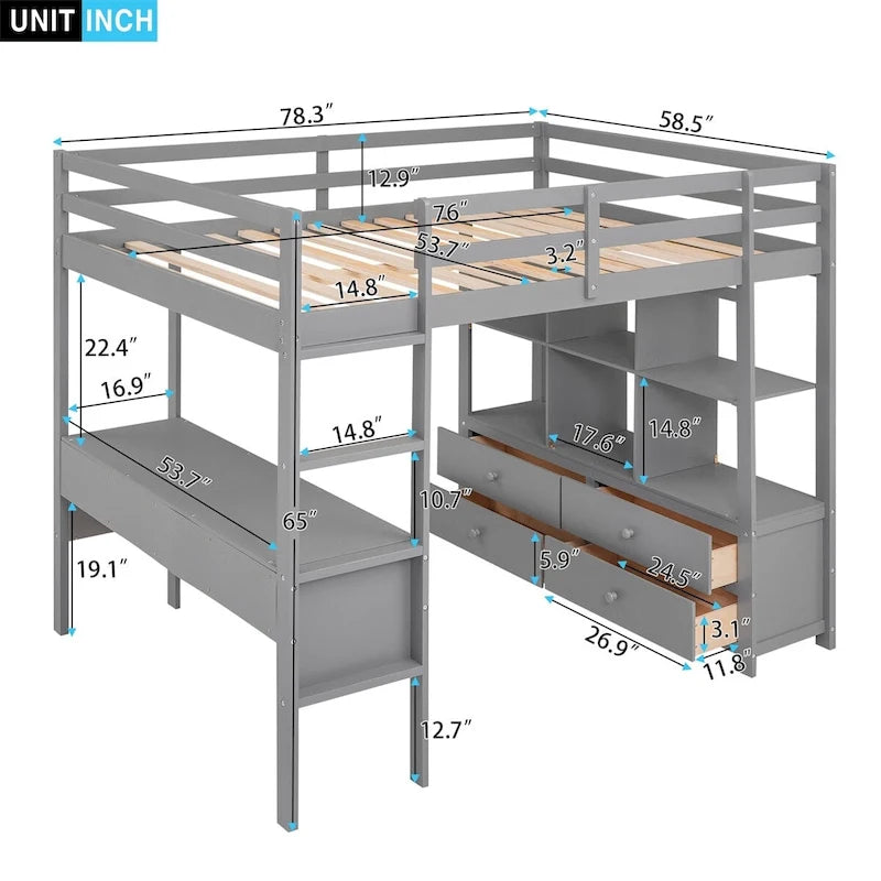 Merax Loft Bed with Built-in Desk, Storage Shelves and Drawers