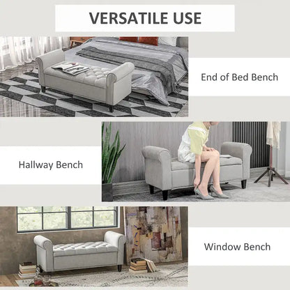 HOMCOM 50 Storage Ottoman Bench, Upholstered End of Bed Bench with Rolled Arms, Wood Legs, Button Tufted Storage Bench Gray