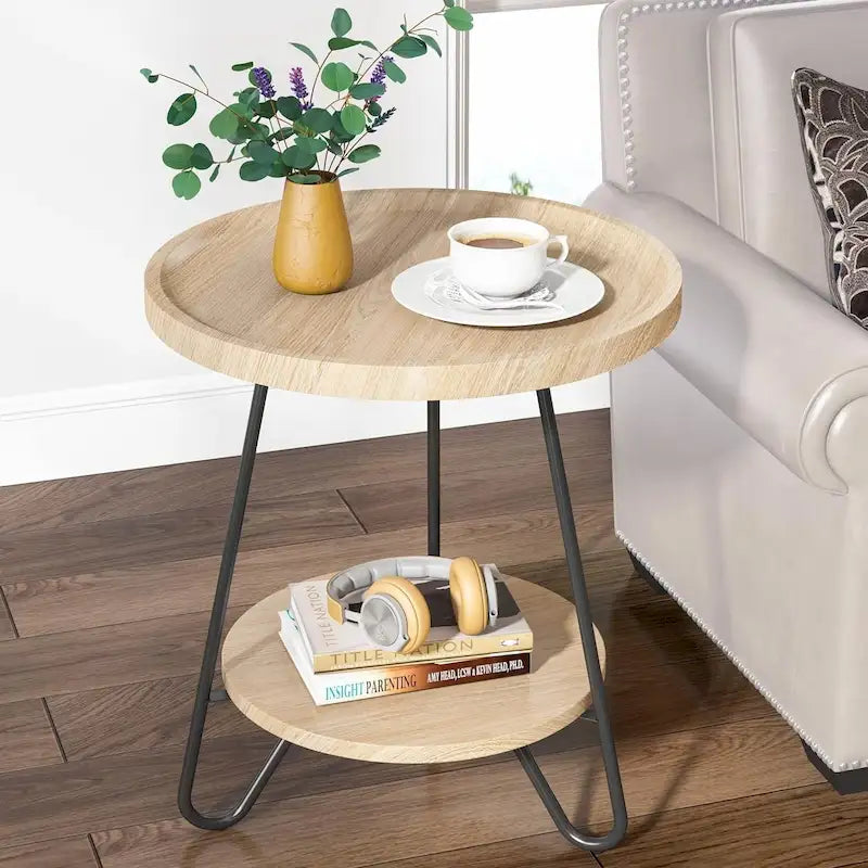 Round Side Table, Wooden End Table, 2-Tier Sofa Side Table with Metal Legs