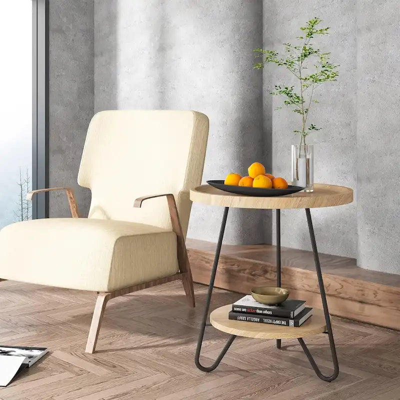 Round Side Table, Wooden End Table, 2-Tier Sofa Side Table with Metal Legs