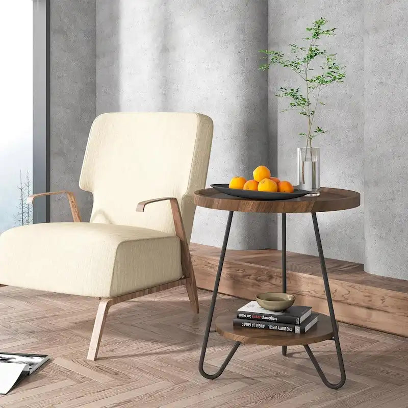 Round Side Table, Wooden End Table, 2-Tier Sofa Side Table with Metal Legs