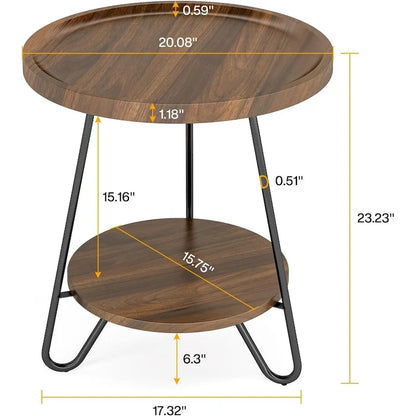 Round Side Table, Wooden End Table, 2-Tier Sofa Side Table with Metal Legs