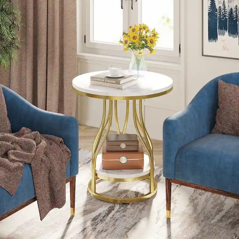 2-Tier Faux Marble Round End Side Table with Stylish Metal Frame,Modern Simple Bedside Nightstand Accent Tables
