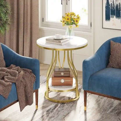 2-Tier Faux Marble Round End Side Table with Stylish Metal Frame,Modern Simple Bedside Nightstand Accent Tables
