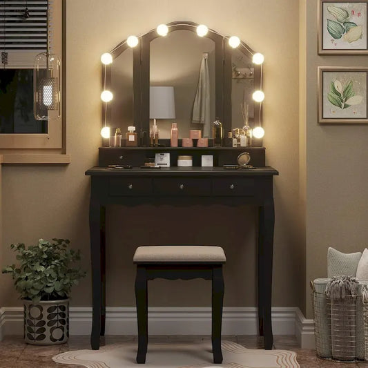 Vanity Desk Set Makeup Vanity Lighted Tri-fold Mirror and Stool