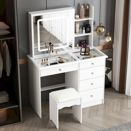 Elegant Makeup Vanity Crystal Accent Lighting Mirror Glass Top Dresser