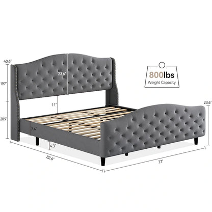 Bed Frame With Velvet Upholstered Headboard And Footboard