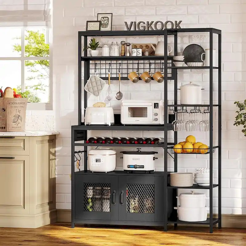 47.2 in Bakers Rack with Power Outlet Coffee Bar with Cabinet