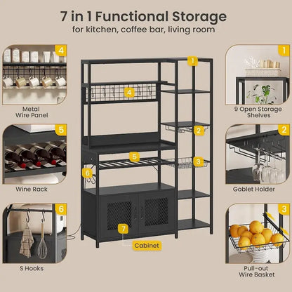 47.2 in Bakers Rack with Power Outlet Coffee Bar with Cabinet