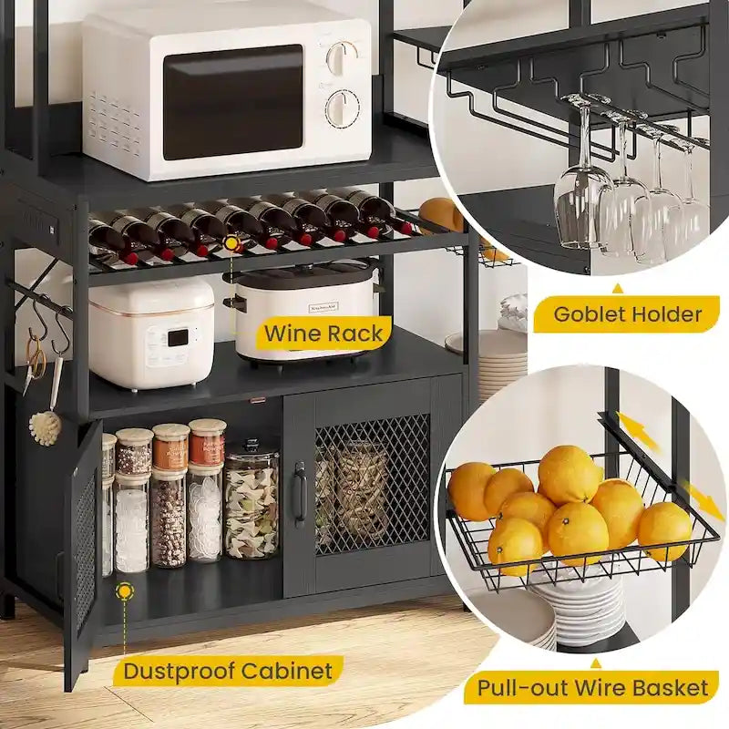 47.2 in Bakers Rack with Power Outlet Coffee Bar with Cabinet