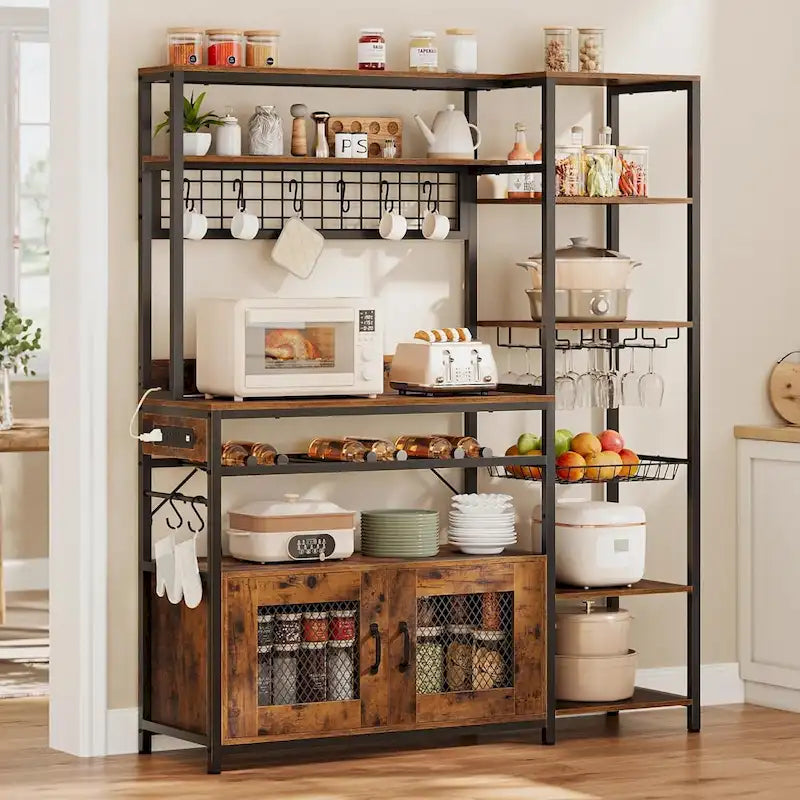 47.2 in Bakers Rack with Power Outlet Coffee Bar with Cabinet