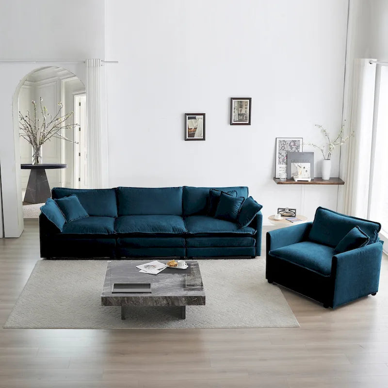 Sofa Set of 3, 1+1+3 Seats Living Room Sofa Set, Accent Chair, Loveseat, and Three-Seat Sofa Modern Style Round Arms 3 Piece Sof