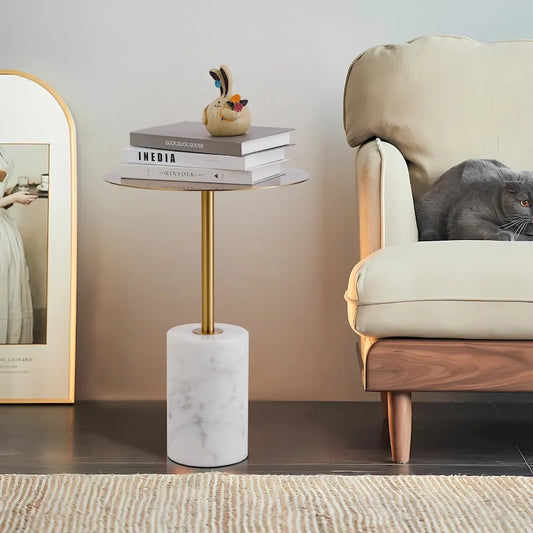 Round End Table with Marble Base, Circular Accent Living Room or Bedside Side Table