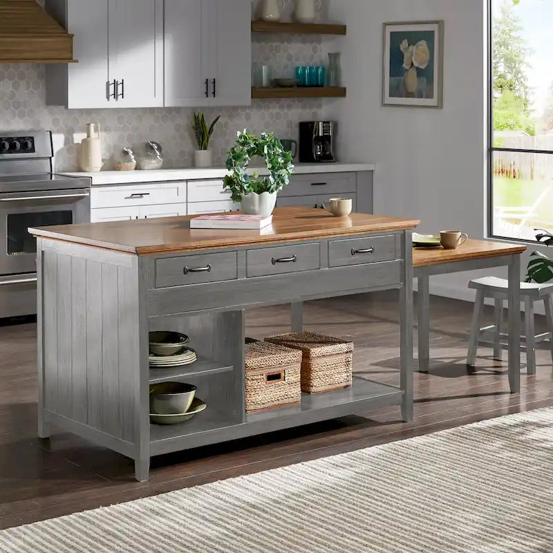 Eleanor Two-Tone Antique Finish Extendable Kitchen Island with 3 Drawers by iNSPIRE Q Classic