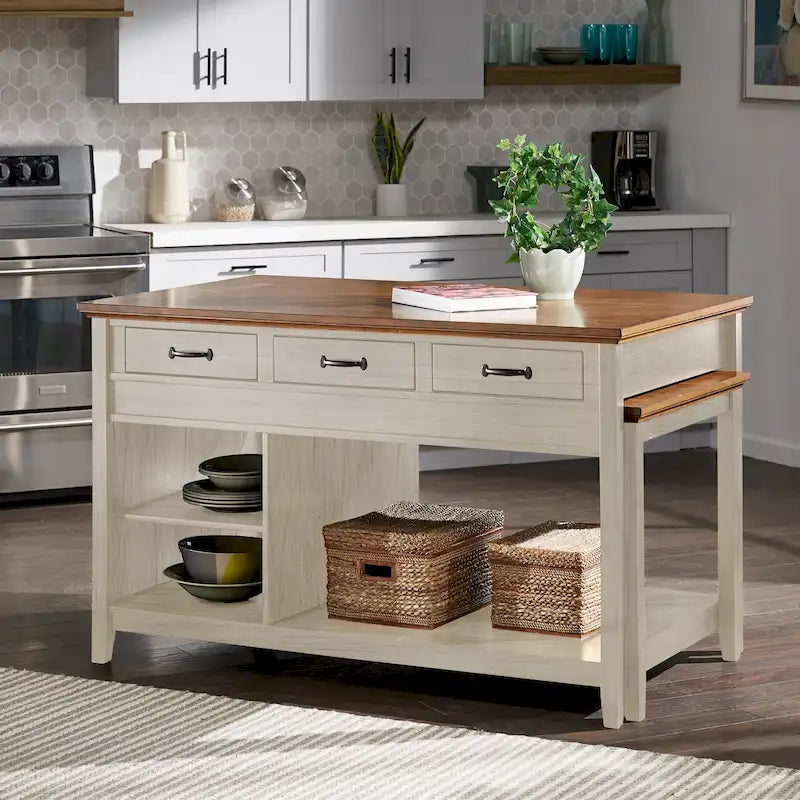 Eleanor Two-Tone Antique Finish Extendable Kitchen Island with 3 Drawers by iNSPIRE Q Classic