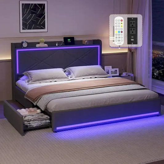 Bed Frame LED Lights Headboard & USB-C/A Charging Station 4 Drawers