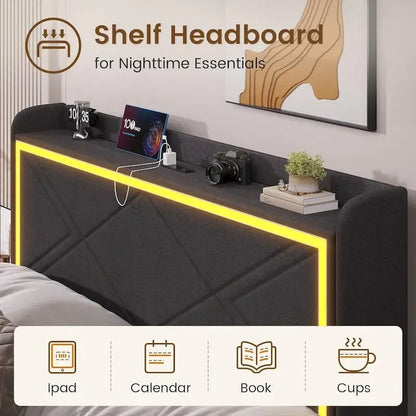 Bed Frame LED Lights Headboard & USB-C/A Charging Station 4 Drawers