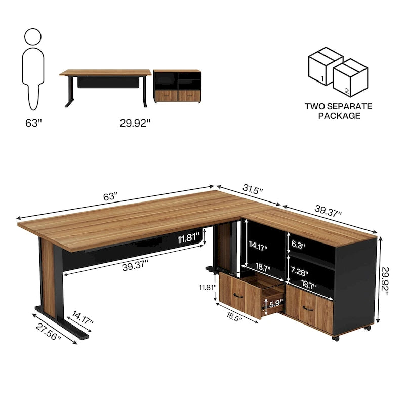 63 Corner Executive Computer Desk and Mobile File Cabinet Set for Home Office