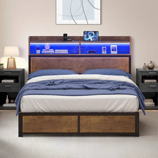 Moasis King Industry Bed Frame Storage Shelves Metal Platform Bed Frame