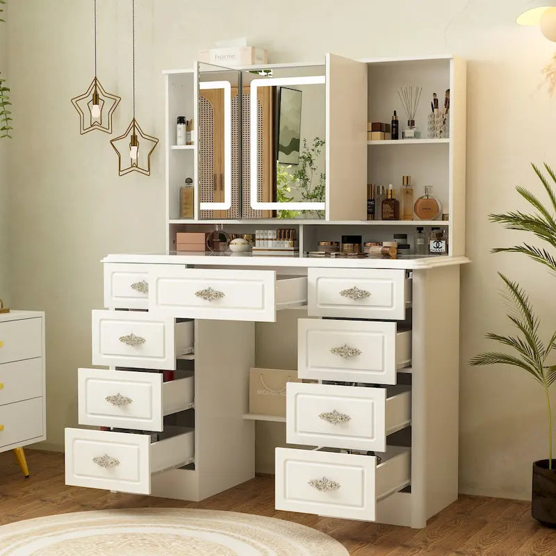 43.3W Makeup Vanity White Vanity Desk with Hidden Storage Shelves