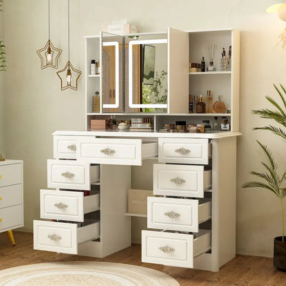43.3W Makeup Vanity White Vanity Desk with Hidden Storage Shelves