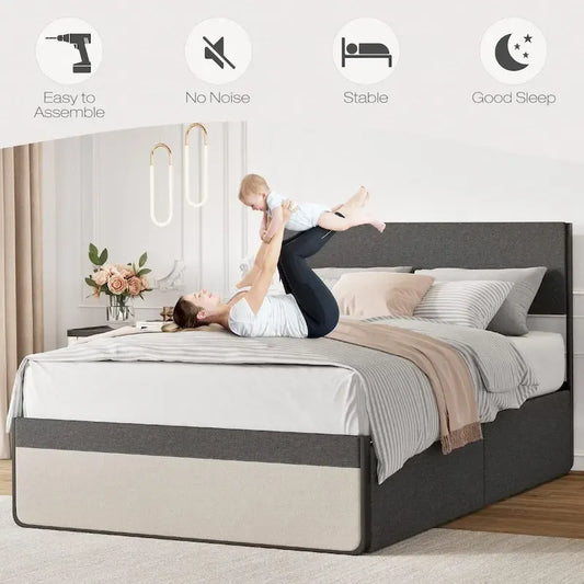 Bed Frame With 2 Storage Drawers And Upholstered Headboard
