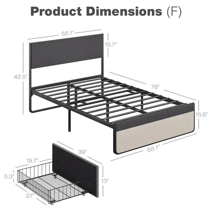 Bed Frame With 2 Storage Drawers And Upholstered Headboard