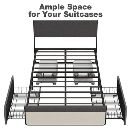 Bed Frame With 2 Storage Drawers And Upholstered Headboard