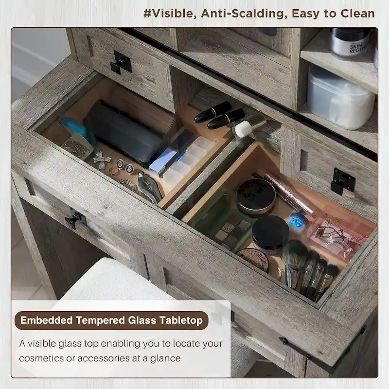 Farmhouse Makeup Vanity Desk, Vanity Dressing Table, Stool Included