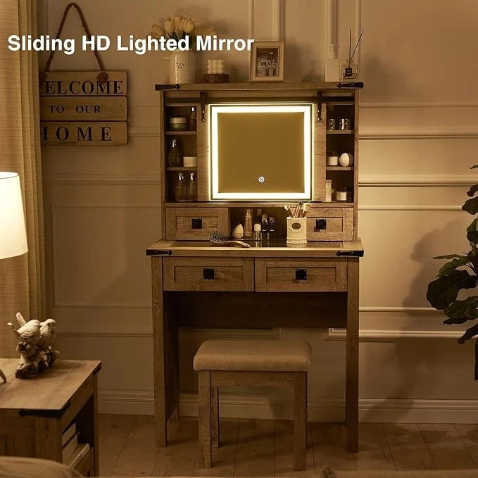 Farmhouse Makeup Vanity Desk, Vanity Dressing Table, Stool Included