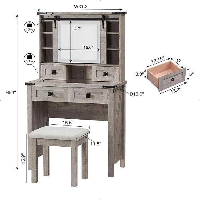 Farmhouse Makeup Vanity Desk, Vanity Dressing Table, Stool Included