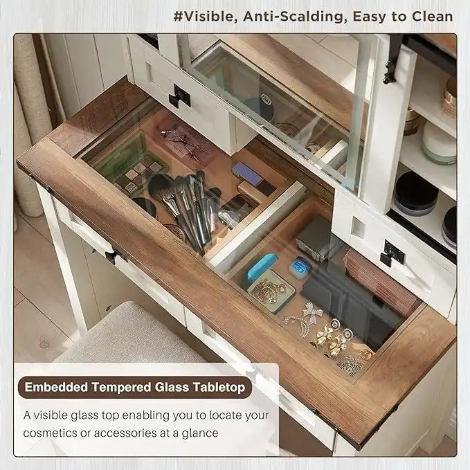 Farmhouse Makeup Vanity Desk, Vanity Dressing Table, Stool Included