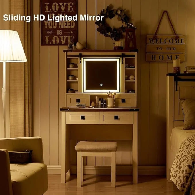 Farmhouse Makeup Vanity Desk, Vanity Dressing Table, Stool Included