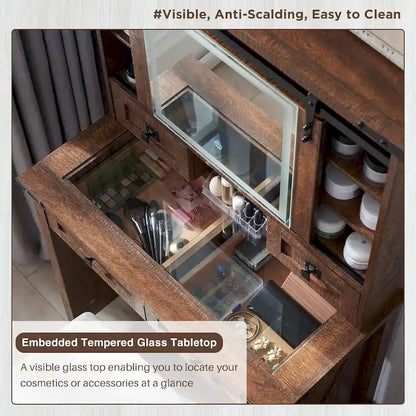Farmhouse Makeup Vanity Desk, Vanity Dressing Table, Stool Included
