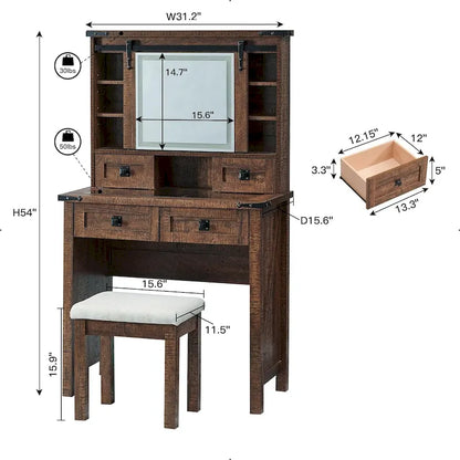 Farmhouse Makeup Vanity Desk, Vanity Dressing Table, Stool Included