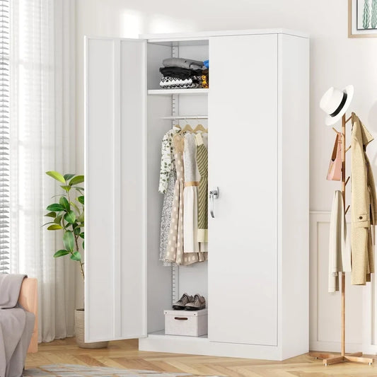 72 Tall Metal Lockable Wardrobe Armoire Storage Cabinet Locker with Hanging Rod for Garage, Gym, Home Office