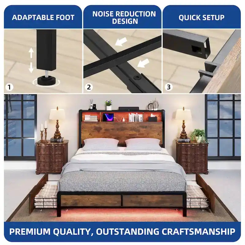 Moasis Queen 4 Storage Drawers Bed Frame with Headboard