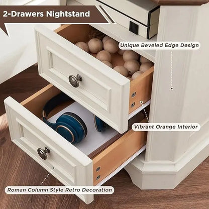 18 Farmhouse Nightstand with Charging Station, End Table,Side Table