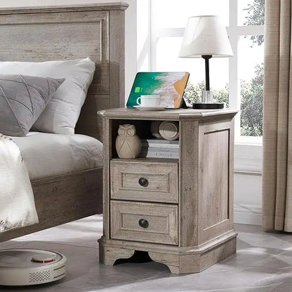 18 Farmhouse Nightstand with Charging Station, End Table,Side Table