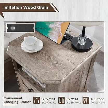 18 Farmhouse Nightstand with Charging Station, End Table,Side Table