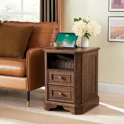 18 Farmhouse Nightstand with Charging Station, End Table,Side Table
