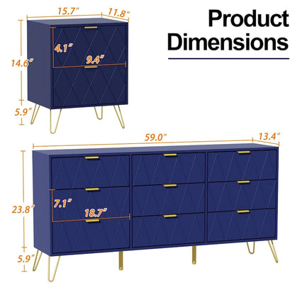 9 Drawer Dresser and Night Stand Sets for Bedroom Set of 2
