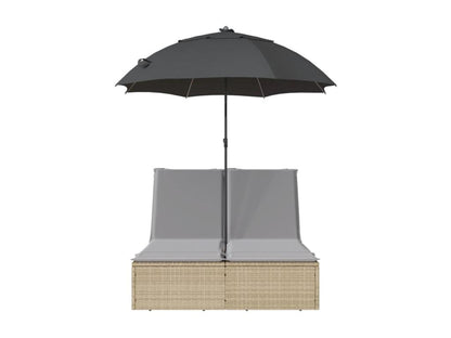 Double chaise longue with cushions and beige poly rattan parasol