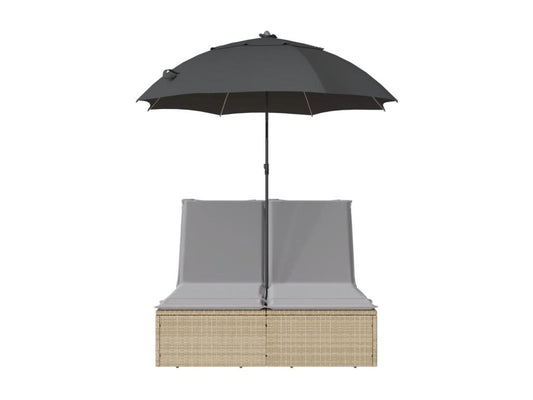 Double chaise longue with cushions and beige poly rattan parasol