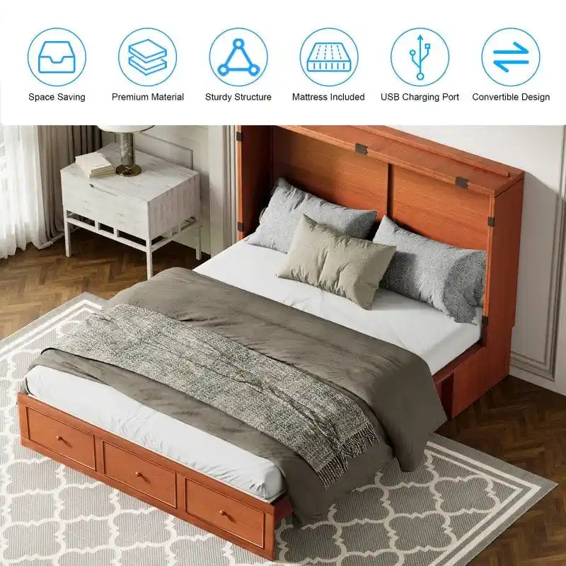 Mixoy Murphy Bed with Foldable Mattress,Modern Cube Cabinet Bed with Storage Drawer & USB Charging Station