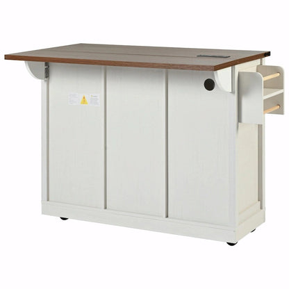 53.5 Farmhouse Kitchen Island with Power Outlet, Drop Leaf, Spice Rack, Drawer, and Wheels